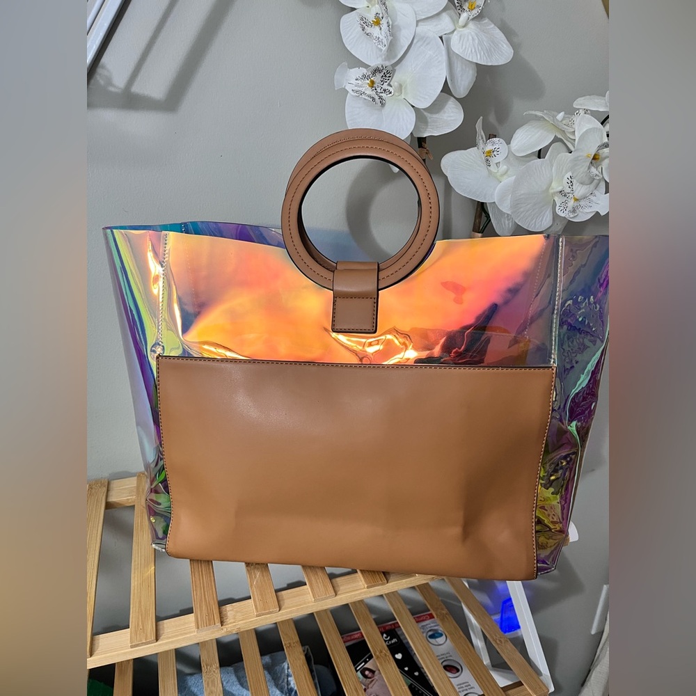 Vince Camuto Tan Tote with Holographic Panel & Circular Handles